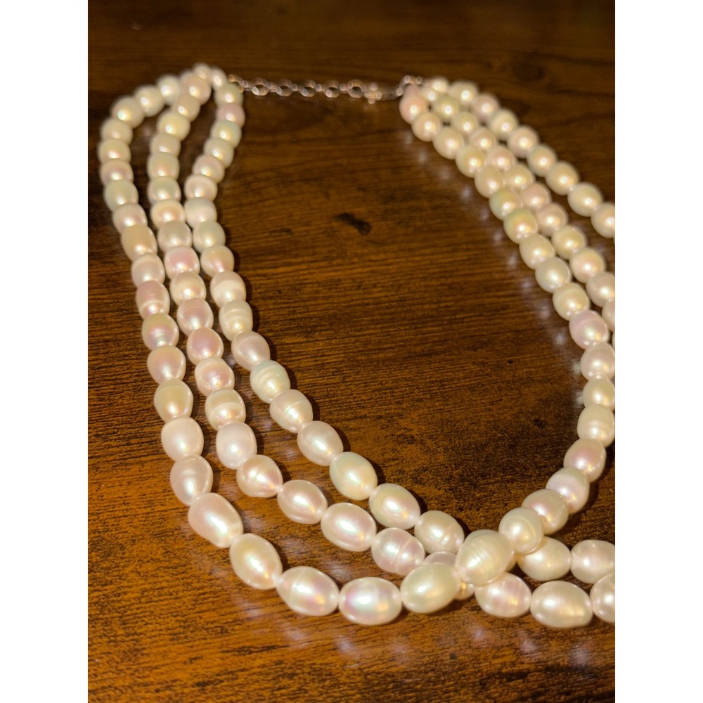 3 Strand Freshwater Pearl Necklace 925 Sterling Silver Clasp Estate Jewelry